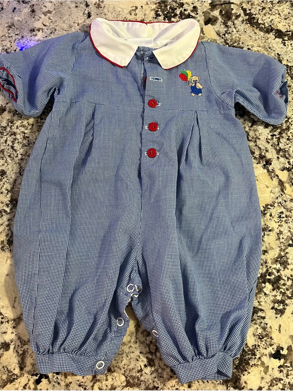 Alexis Blue Gingham Romper with White Collar and Red Trim